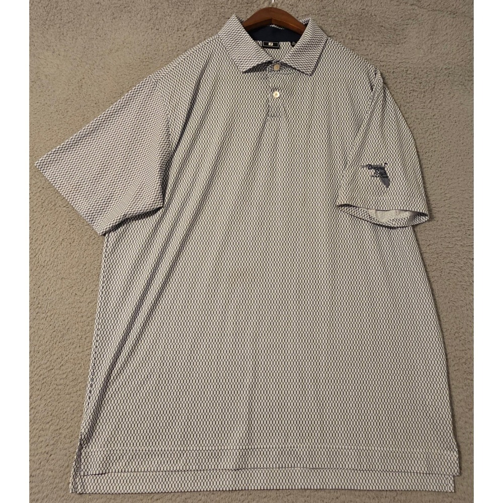 FootJoy Mens Golf Polo XL White Blue Geometric Daytona Beach Golf Club Irongate